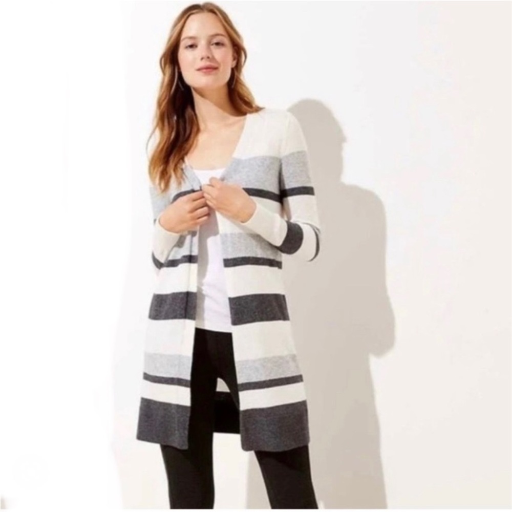 LOFT Striped Open Front Grey Color block Long line Wool Blend Cardigan